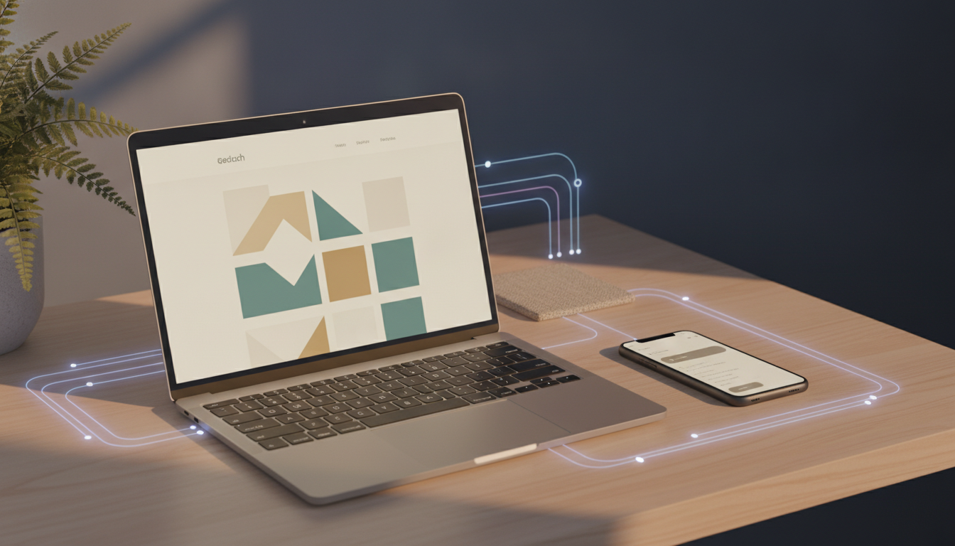 AI search visibility concept with a small business website displayed across search devices