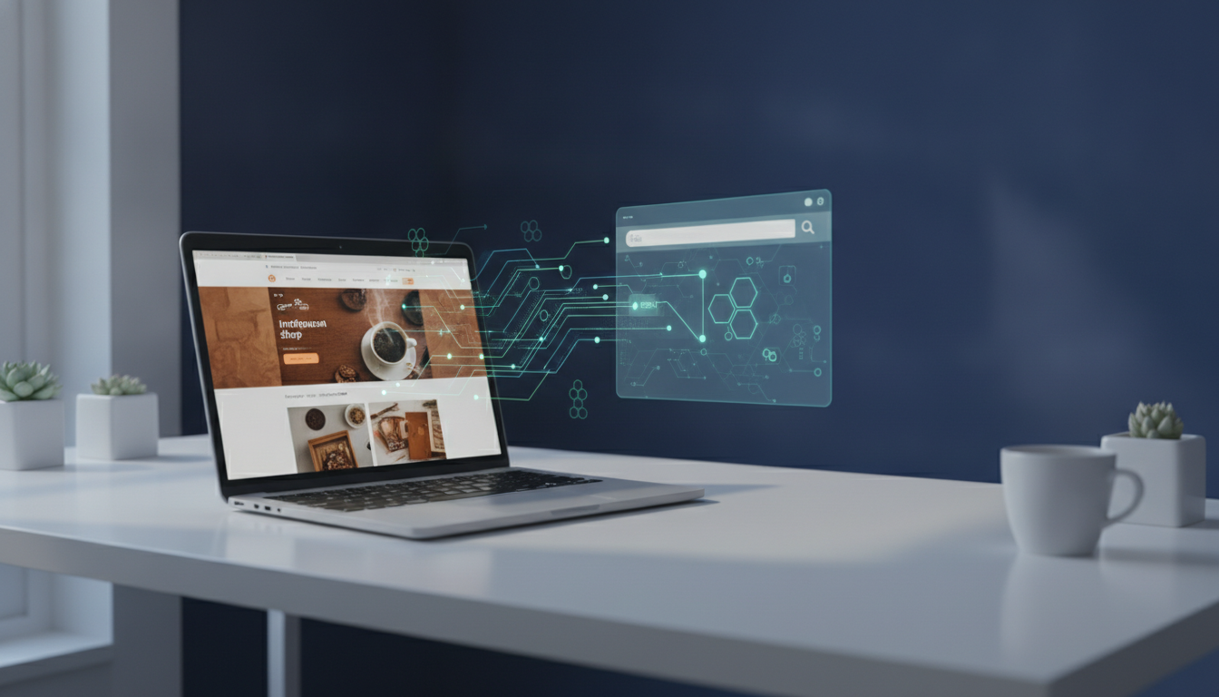 AI search visibility concept showing a business website connected to search results