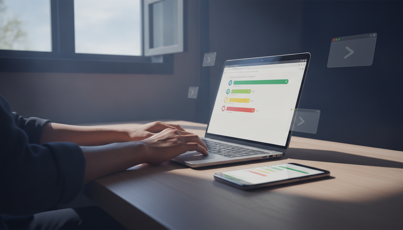 Developer reviewing Baseline web features on a laptop beside a mobile device