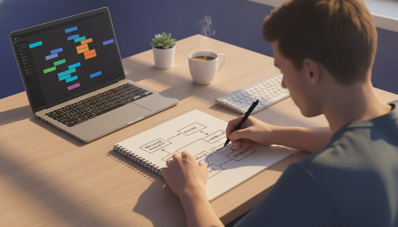Laravel tips illustrated by a beginner developer mapping a web app workflow