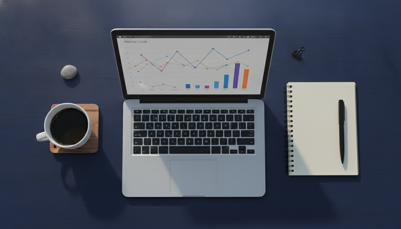 SEO content refresh planning beside a laptop showing a simple search performance chart
