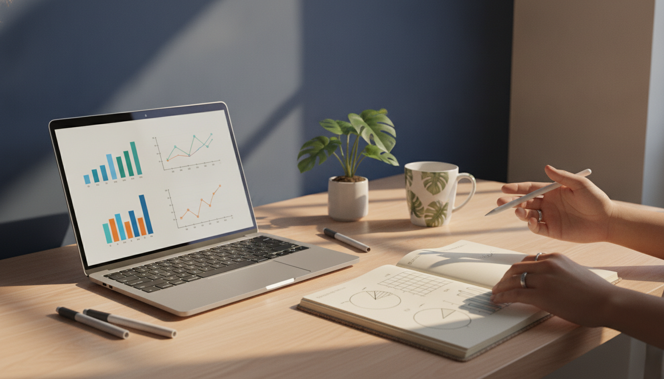 SEO marketing dashboard planning on a laptop beside a notebook