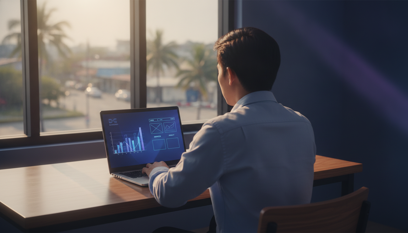 Business owner reviewing website marketing Philippines performance on a laptop