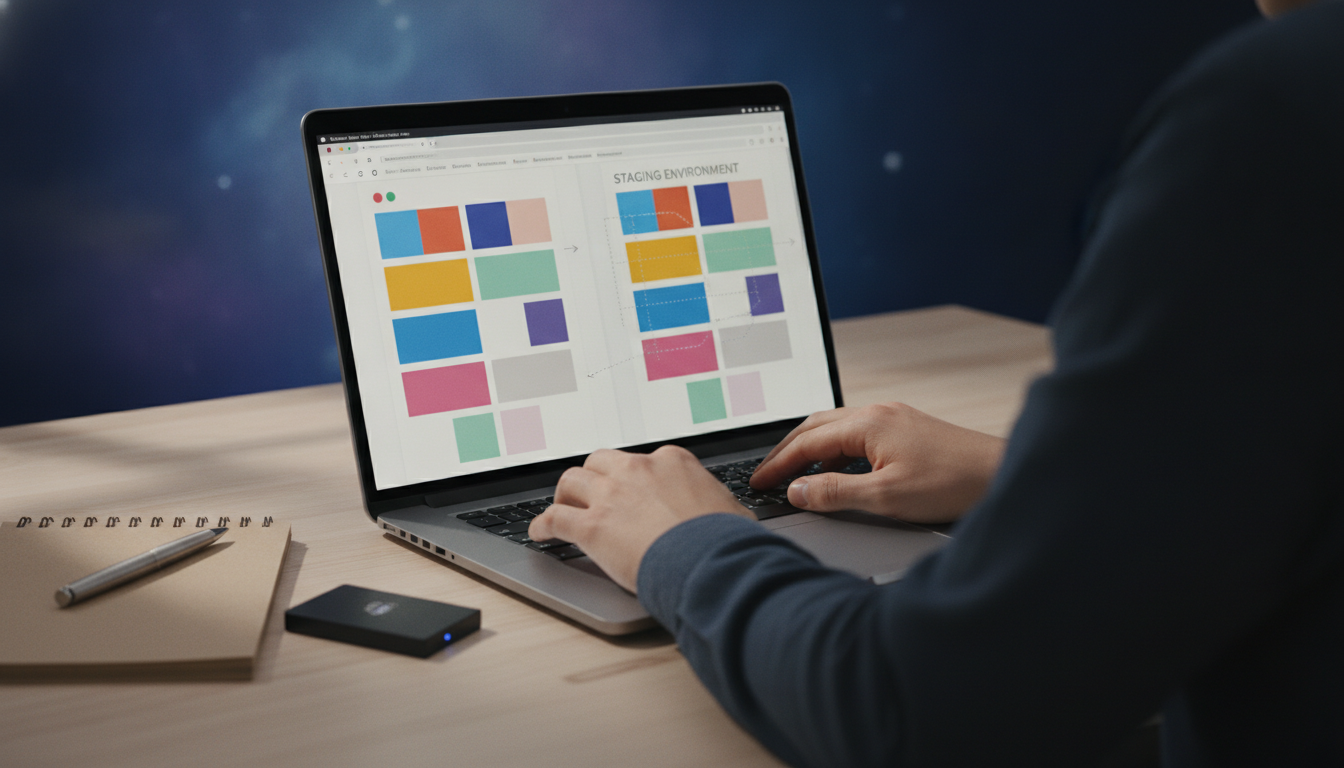 Developer checks a WordPress staging site before a major release