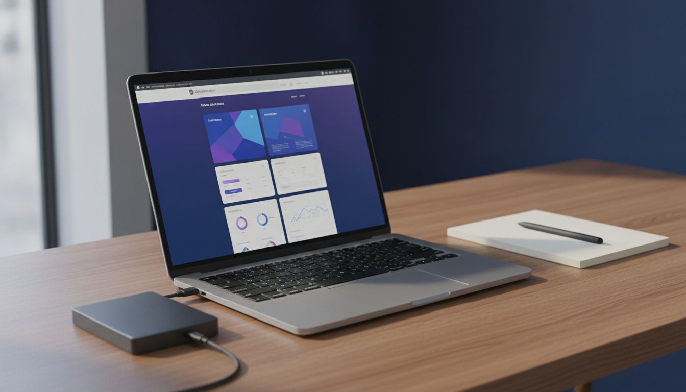 WordPress update dashboard on a laptop beside a backup drive
